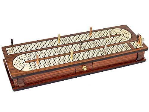 House of Cribbage - Continuous Cribbage Board Inlaid 4 Tracks Rosewood/Maple with Sliding Lids and Drawer