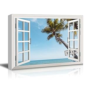 Canvas Wall Art - Window Looking at a Beach with a Palm Tree - Giclee Print Gallery Wrap Modern Home Art Ready to Hang - 12x18 inches