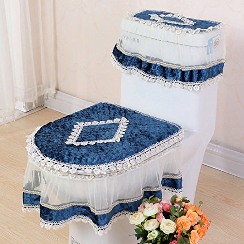 Freahap Toilet Cover Set Lace Bathroom Decor Tank Cover Toilet Lid Cover Toilet Seat Cover Blue