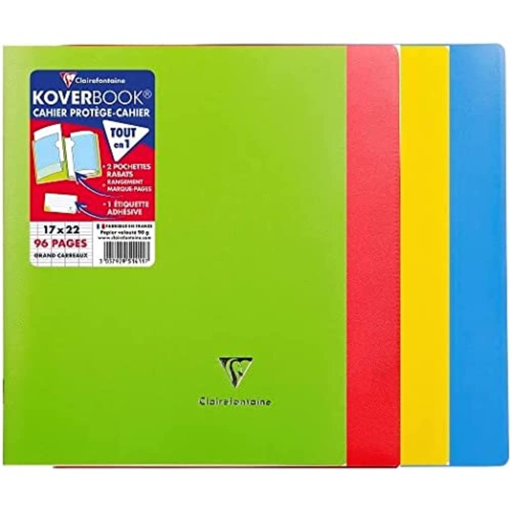 Clairefontaine 951412AMZC Set of 4 Koverbook Stapled Notebooks - 17x22cm - 96 Seyes Ruled Pages - 90g White Paper Cover Ast Colours (Blue, Red, Green + Yellow)