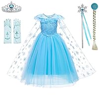 Frozen Princess Elsa Costume Birthday Party Dress Up for Little Girls with Wig Crown Magic Wand Gloves 10-12 Years(150CMm)