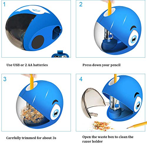 Electric Pencil Sharpener,Shark Pencil Sharpener for No.2 Pencils and Colored Pencils,Electrical Automatic Sharpener for Home/School/Office,USB or 2AA Batteries