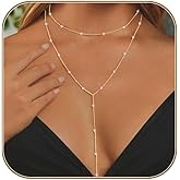 HERIER Lariat Gold Necklace for Women, Dainty Long Necklace 14k Gold Plated/Silver Y-Shaped Layered Beaded Chain Drop Necklaces for Women Trendy Simple Gold Jewelry for Women Gifts