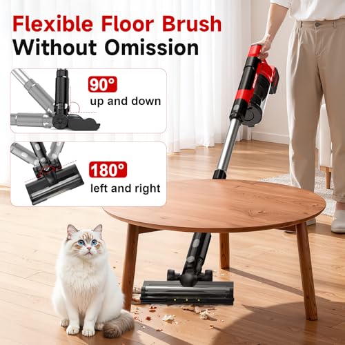 700W Cordless Vacuum Cleaner, 2×4000mAh Brushless Vacuum Cleaners for Home, 6 in 1 Lightweight Stick Vacuum 60kPa, 3 Suction, Portable Handheld Cordless Vacuum for Pet Hair/Hardwood Floor/Dorm Red