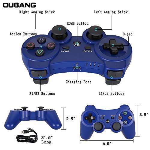 PS3 Controller Wireless Dualshock3 - OUBANG PS3 Remote,Best DS3 Joystick Gift for Kids Bluetooth Gaming Sixaxis Control Gamepad Game Accessories for PlayStation3 with Micro Cable(Blue)