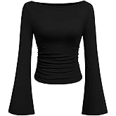 TITOMD Women's Bell Long Sleeve Shirts 2026 Spring Boat Neck Crop Going Out Trendy Tops Ribbed Ruched Y2K Clothes