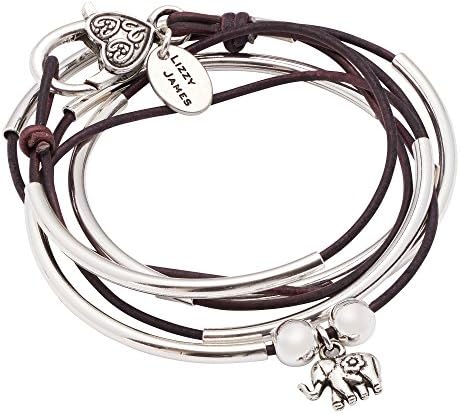 Girlfriend Wrap with Elephant Charm Silverplate Large Bracelet Necklace with Natural Purple Leather Wrap by Lizzy James