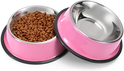 WERFORU 2 Pieces Stainless Steel Dog Bowls Pink Large Size Food Water Feeding