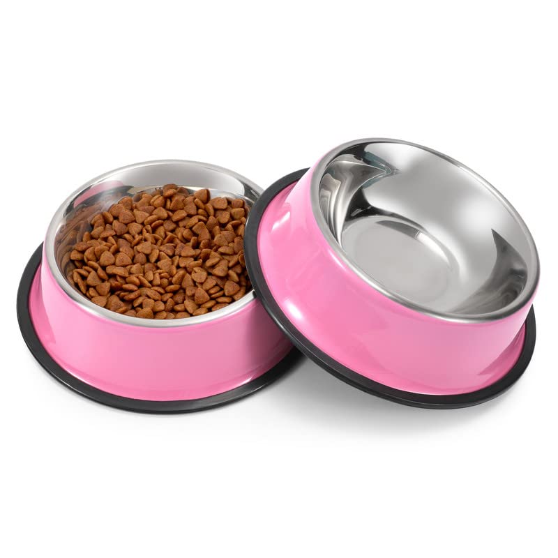 WERFORU 2 Pieces Dog Bowls Stainless Steel Dog Cat Pet Bowls for Feeding Water and Food Pink Large Size