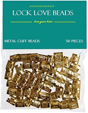 Dreadlock Beads for Hair, Braids, and Locs, 50 pieces, by Lock Love in Gold Metal Filigree Cuff for Men or Women