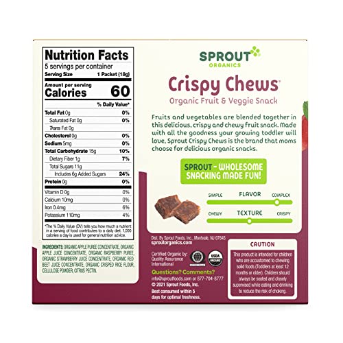 SPROUT ORGANIC BABY FOOD, STAGE 4 TODDLER FRUIT SNACKS, RED FRUIT BEET & BERRY CRISPY CHEWS, 0.63 OZ SINGLE SERVE PACKS (5 COUNT)