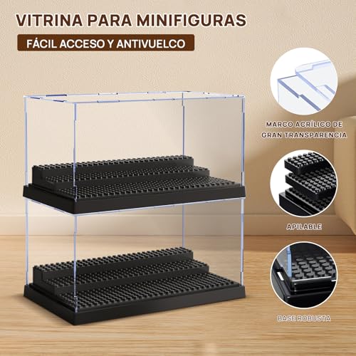 JoalGfda Grande Caja Expositora de Minifiguras para Bloques de Figuras de Acción, Caja Expositora Acrílica Transparente a Prueba de Polvo con 3 Escalones Móviles (negro-2PACK)