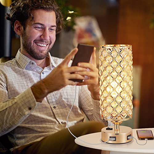 USB Crystal Table Lamp, Gold Table Lamp with Dual USB Charging Ports