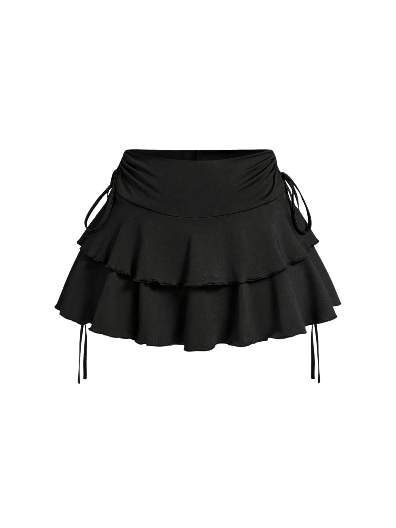 Photo 1 of RoseSeek Women's Drawstring Bow Side Mini Skirts Tiered Layer Ruffle Elastic Waist Y2K Coquette Short Skirts Black Small