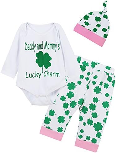 Giwawa ST Patricks Day Outfit Set 4Pcs Baby Girls Clover Romper (Green, 12-18 Months)