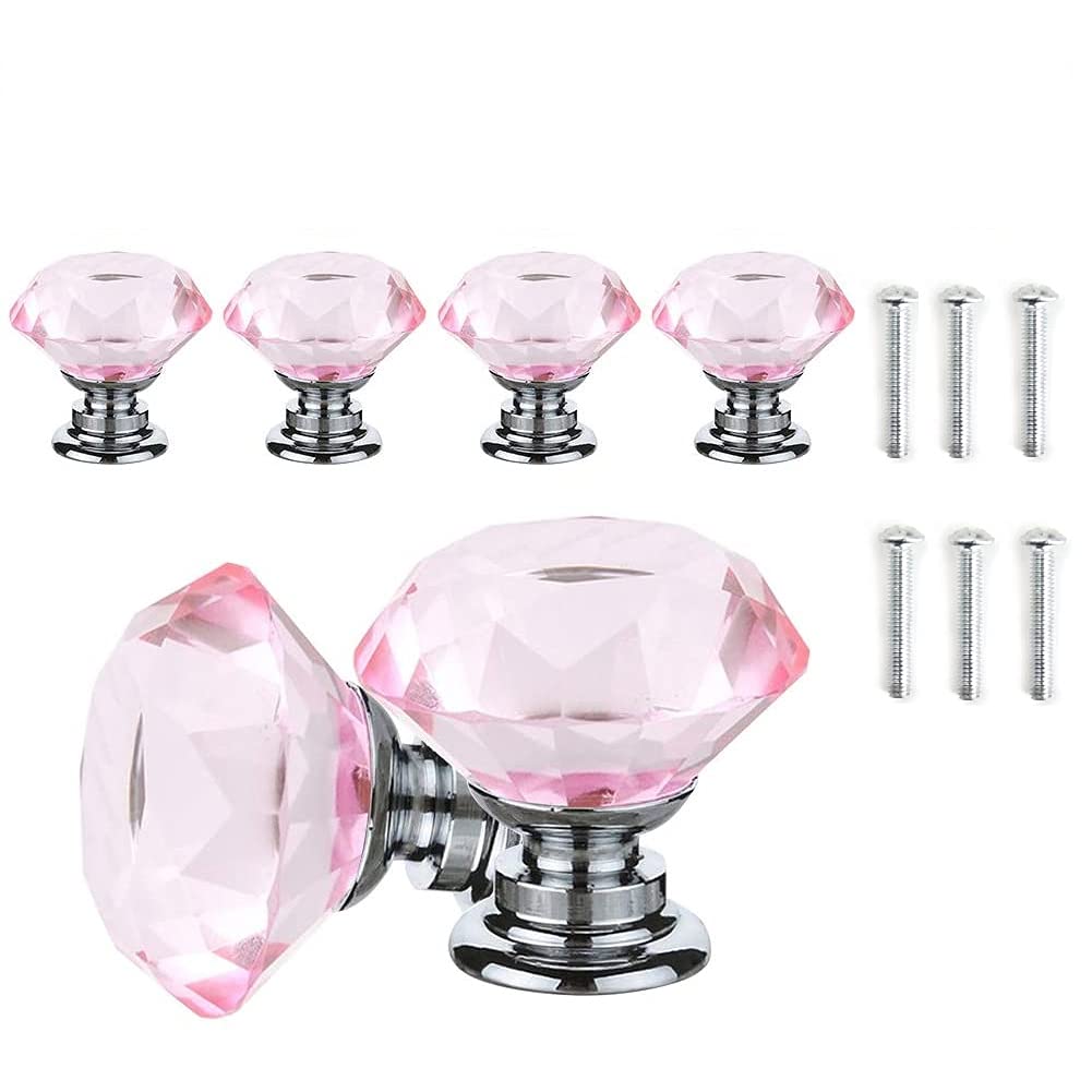 ANSIEDIO Pink Crystal Drawer Knobs - 6 PCS 30MM Glass Drawer Handles Crystal Cupboard Knobs Diamond Pulls with Screws for Kitchen Office Chest Cabinet Drawer