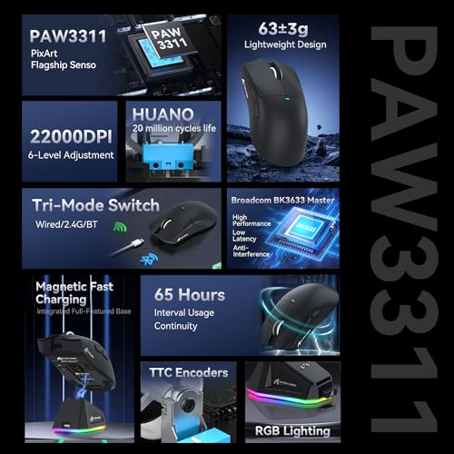 ATTACK SHARK X11 Gaming Mouse with Magnetic Charging Dock, PixArt PAW3311 Gaming Sensor, BT/2.4G Wireless/Wired Gaming Mouse, 22000 DPI, Office Mice Gamer Mice for Win11/Xbox/PS/Mac (Black)