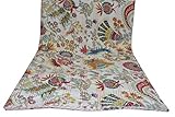 White Multicolor Mukut Print Queen Size Kantha Quilt, Kantha Blanket, Bed Cover, Queen Kantha Bedspread, Bohemian Bedding Size 90 x 108 Inch