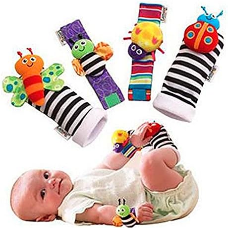 4Pcs Cute Animal Soft Baby Socks Toys Wrist Rattles and Foot Finders for Fun Reindeer Set
