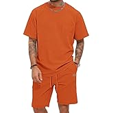 AUSELILY MEN Men's Waffle Short Sets Outfits Set 2 Piece Vacation Beach with Pokets