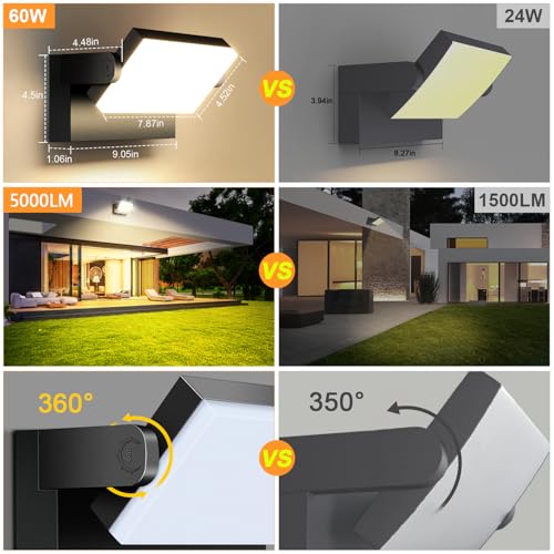 ledmo 60W Outdoor / Indoor Wall Light 360° Adjustable Outdoor Lamps Outdoor Wall Light for Terrace Corridor Gardens, Black, 126 LEDs, 5000 Lumens, Warm White 3000K, IP65