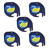 Anycolor 5 Pack Compatible DYMO LetraTag Tape 91332 (91202 91222 59423 S0721620) Black on Yellow Plastic Label Tape (1/2