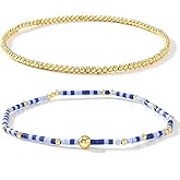SHINUS BOHO Gold Beaded Stack Bracelets Set for Women, 2Pcs Cute Boho Handmade Colorful Small Beaded Stackable Friendship Stretch Bracelet Summer Prom Jewelry Gift.