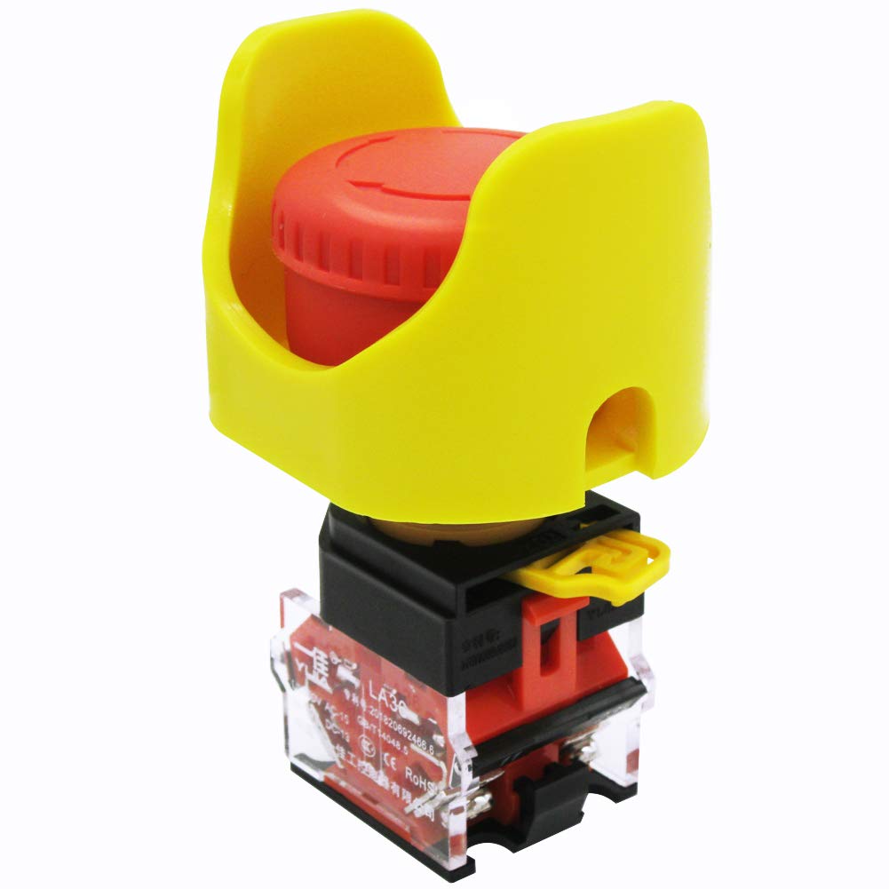mxuteuk 1NC 1NO Red Mushroom Switch，22mm Red Mushroom Emergency Stop Push Button Switch AC 660V 10A + Protective Cover Anti-misoperation，LA36-11ZS-XYB