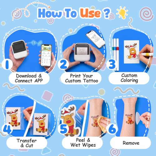MokoMorrie Temporary Tattoo Maker for Kids, Inkless Thermal Printing AI Custom Temporary Tattoos, Includes 40 Transfer Sheets & Roll, Gift for Boys & Girls Ages 5-12 (Black)