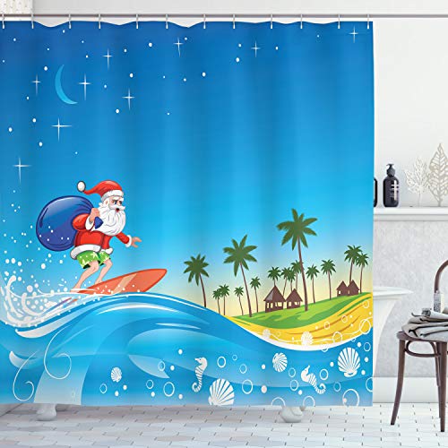 Ambesonne Christmas Shower Curtain, Surfing Santa on a Wave with Sack at The Beach Tropical Night Fantasy Cartoon, Cloth Fabric Bathroom Decor Set with Hooks, 70" Long, Blue Yellow