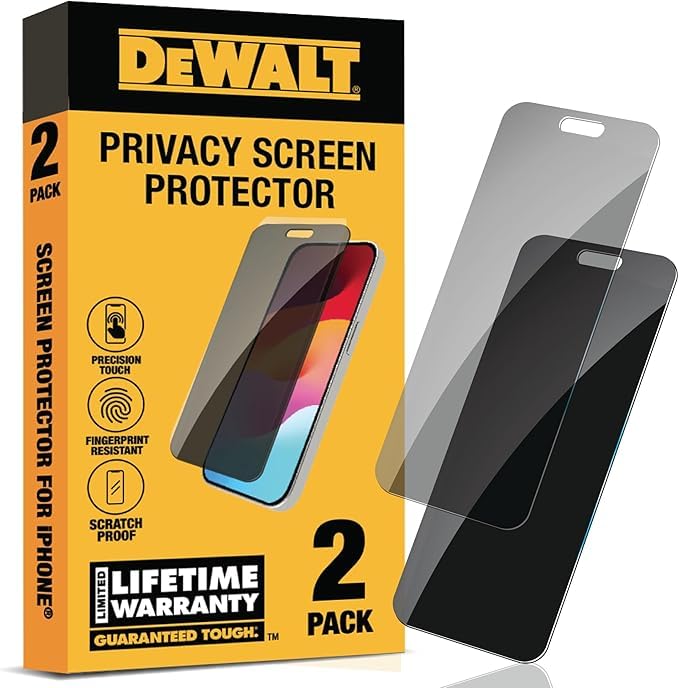 DEWALT Heavy Duty 2Pack Privacy Screen Protector for iPhone 13 Pro Max/14 Plus, Sensor Protection Dynamic Island Compatible AntiSpy Tempered Glass [9H Hardness] Case Friendly High Response, HD Quality