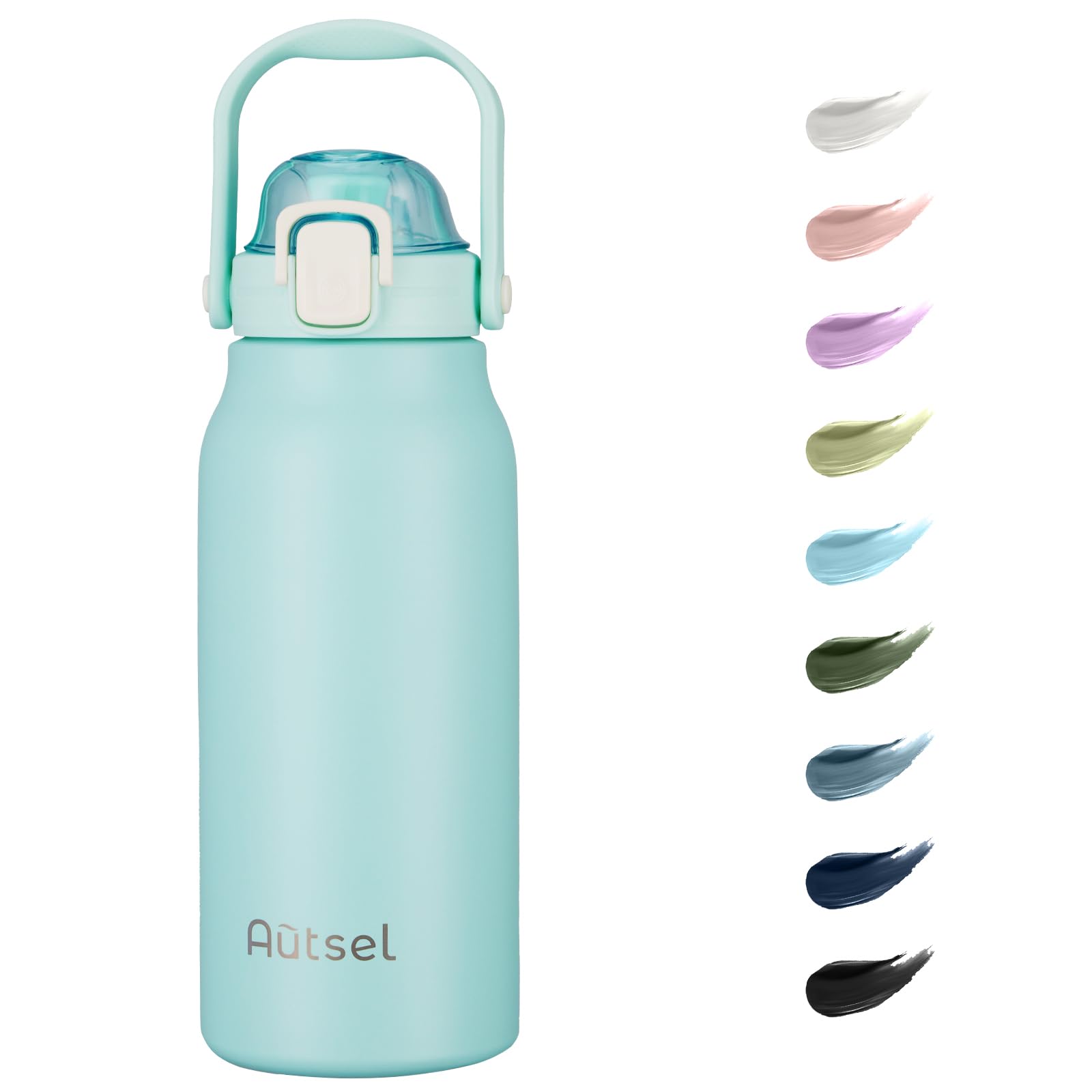 Autsel 1.7L Stainless Steel Water Bottle with Straw - Large Metal Flask with Handle - Double Walled Insulated Sports Bottle - Leakproof for Gym Sports, Mint Green — image 1