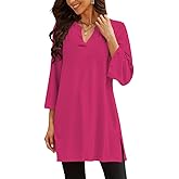 Poetsky Womens Tunic Tops 3/4 Bell Sleeve Loose Fit Tunics Dressy Casual Side Split Flare Top for Leggings S-3XL