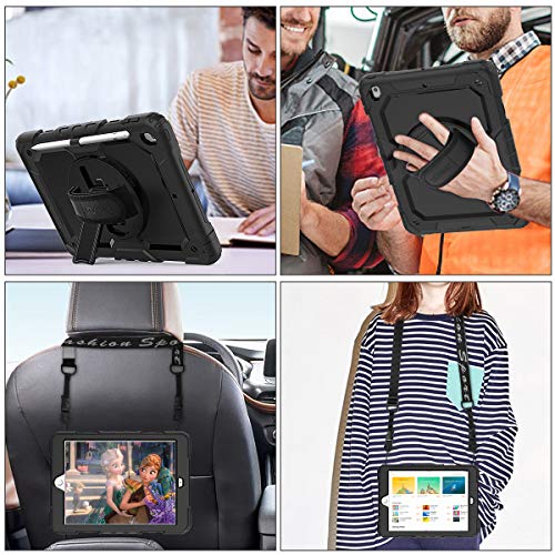 SEYMAC stock Case for iPad 9th/8th/7th Generation 10.2'', [Full-Body] Drop Proof Armor Case with 360° Rotating Stand [Pencil Holder][Screen Protector] Hand Strap, Black