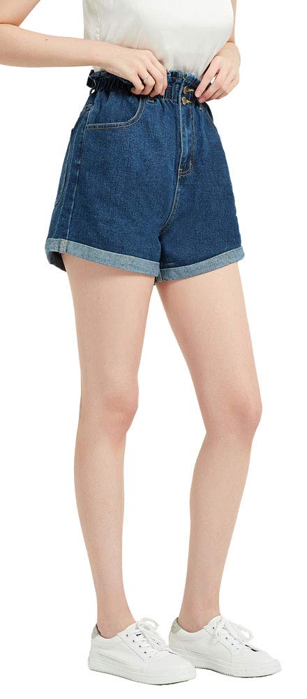 Plaid&amp;Plain Women&amp;#39;s High Waisted Denim Shorts Rolled Blue Jean Shorts