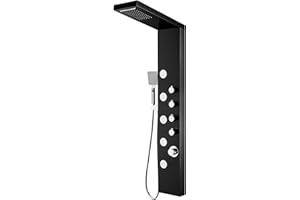 ROVOGO Shower Panel Tower System with Rainfall Waterfall Shower, 5 Body Jets and 3-Setting Handheld, 304 Stainless Steel Shower Column Wall-Mount, Black