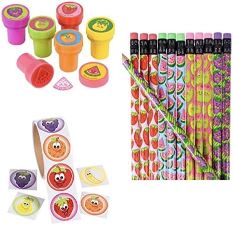 72 Smiling Fruit Party Favors - 24 ea; Ink Stampers, Pencils & Stickers - Classroom Student Prizes Rewards Teacher School Supplies Apple Watermelon Strawberry Grapes - Nutrition