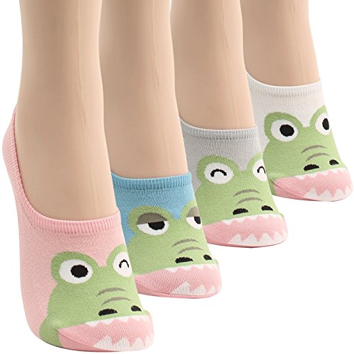 WOWFOOT Women Animal Design No-Show Casual Liner Socks Character Print Non Slip Flat Boat 4 Pair (4pair-lovely crocodile) - Thumbnail 7
