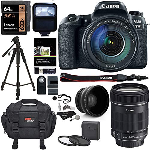 Canon EOS 77D Camera EF-S 18-135 is USM Kit, Lexar 64GB Memory Card, Wide Angle Auxiliary Lens, Filter Kit, Ritz SLR Camera Bag and Accessory Bundle Canon EOS 77D Camera EF-S 18-135 is USM Kit, Lexar 64GB Memory Card, Wide Angle Auxiliary Lens, Filter Kit, Ritz SLR Camera Bag and Accessory Bundle