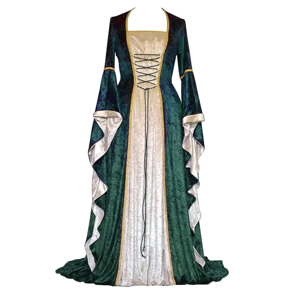 Feynman Women's Retro Medieval Dress with Trumpet Sleeves, Medieval Victorian Queen Dresses, Renaissance Gothic Maxi Dress, Carnival, Halloween Party, Princess Costume, Green, S — image 1