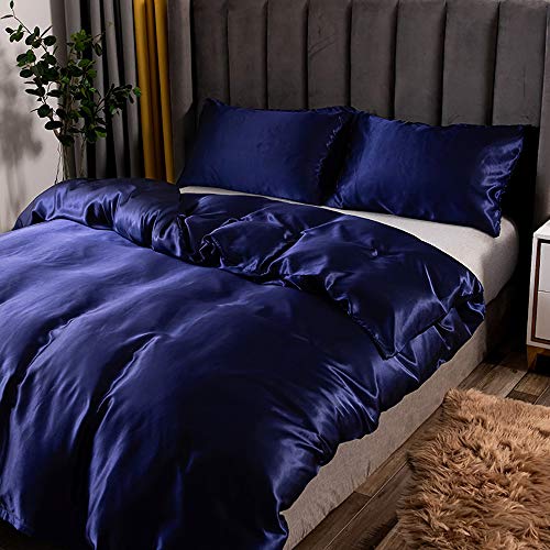 Royal Blue Silk Like Duvet Cover Set 3 Piece Soft Cooling Stain Silky
