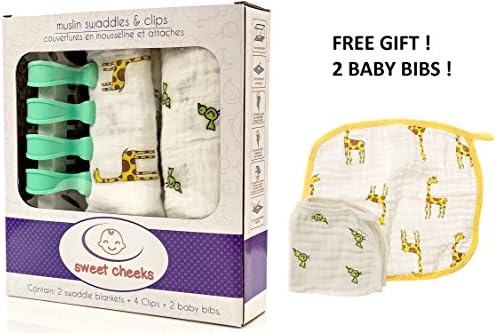 100% Premium Organic Cotton Muslin Swaddle Blanket By Sweet Cheeks - Oversized 47 x 47 inches Best Baby Shower Gift Covering Cloth. 2 Pack With Free 4 Stroller Clips &amp; 2 Baby Bibs, For Boys and Girls