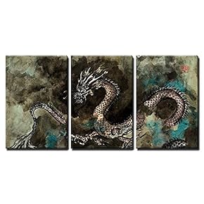 Fierce Chinese Dragon Ink Painting Style - 3 Panel Canvas Art
