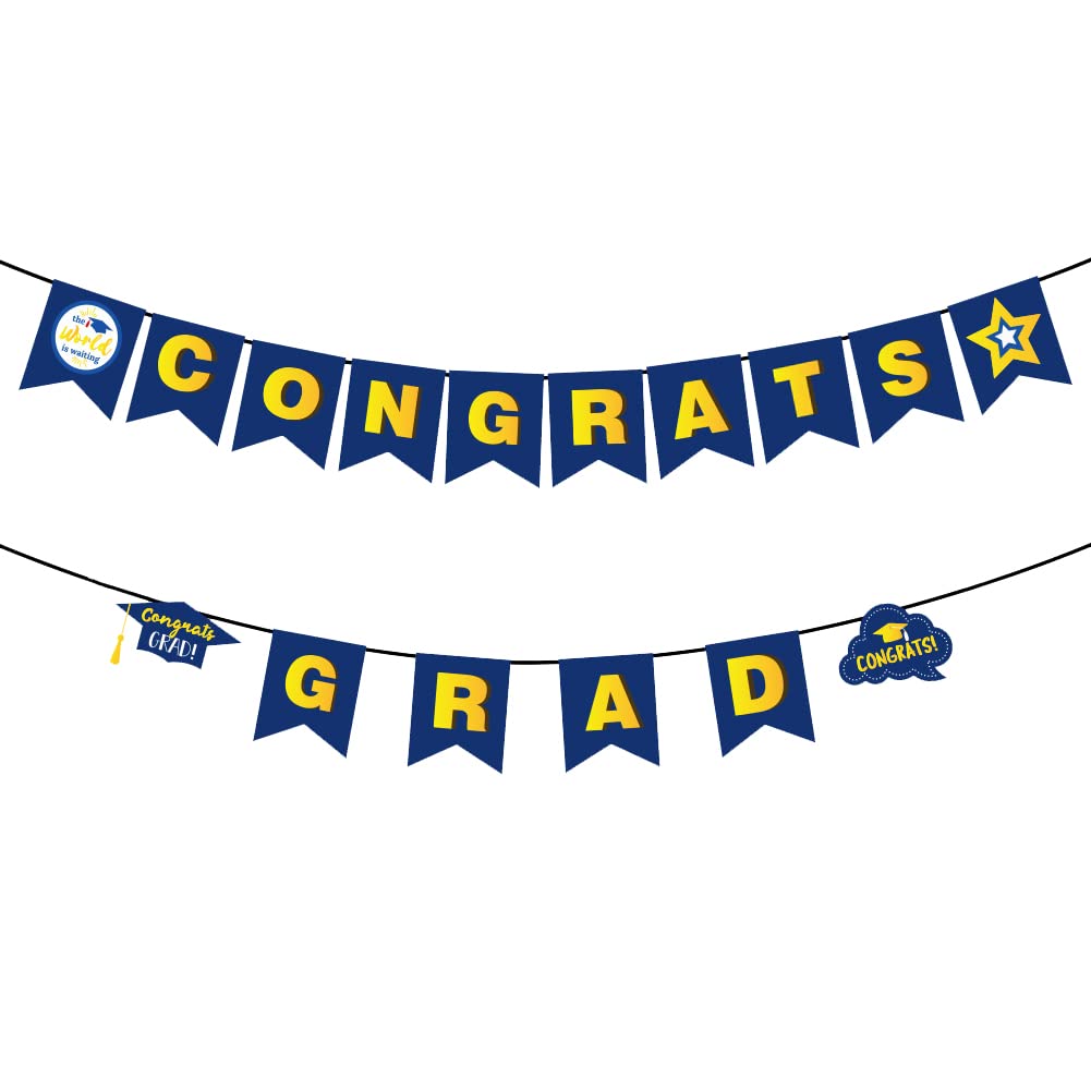 Congrats Grad Banner,2024 Blue and Gold Graduation Celebration Bunting Star Graduation Caps Congrats Grad Bunting Banner Sign for School College Home 2024 Graduation Party Decoration Supplies