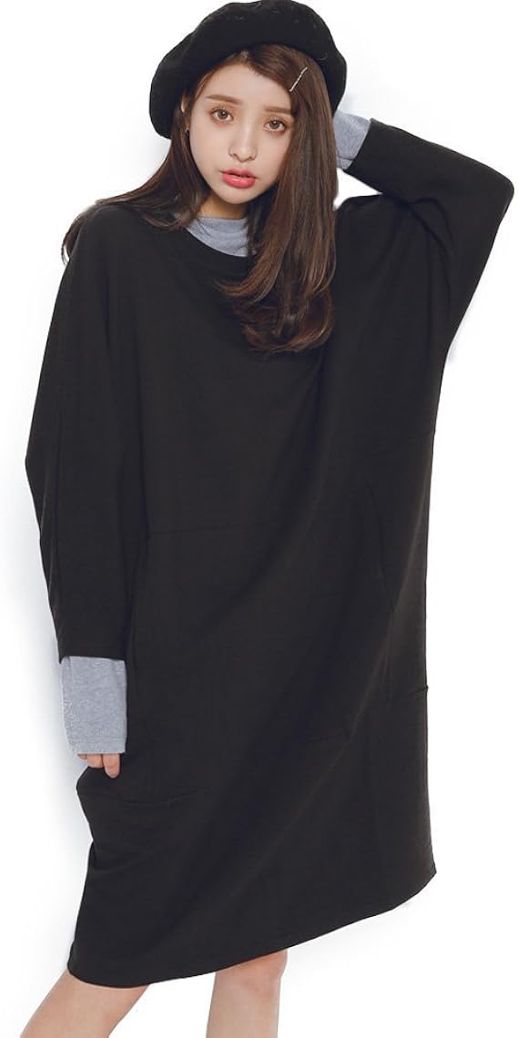 Amazon Co Jp フアングー Huanggu ゆる 可愛い カットソー ミモレ 丈 ワンピース レディース ロング Tシャツ ジャージ 素材 黒 赤 紺 グレー 全4色 ゆったり フリーサイズ ブラック 服 ファッション小物
