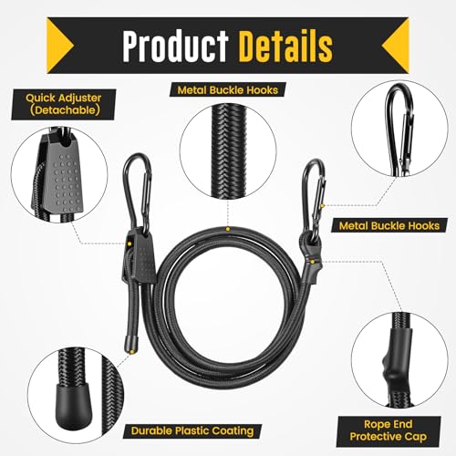 Hejo 4 Pieces Elastic Bungee Cord with Adjustable Hooks, 100 cm High Strength Durable Elastic Sandow with Carabiner, Black Latex Rubber Bungee Cord for Camping, Tarpaulins, Tents, Car and Motorcycle
