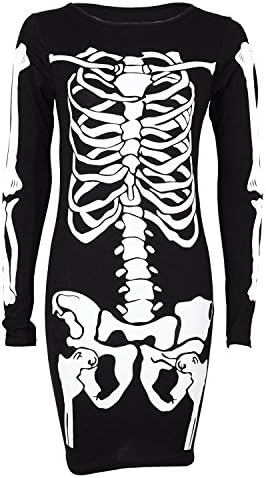 OgLuxe Womens Ladies Skeleton Print Bones HandBodycon Dress BodysuitVneck Halloween Party Collection Plus Size 6-20 (XXL/XXXL (US 20-22), Long SlevSkeBodycon)