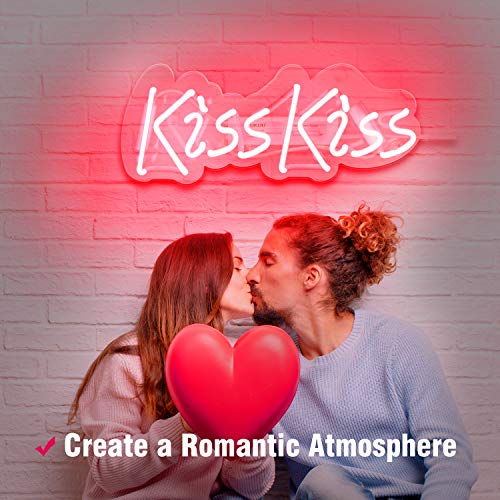 Neon Signs, Neon Light Sign Led Neon Lamp, Wall Sign Art Decorative Signs Lights, Neon Words for Home Bedroom Room Decor Bar Beer Office for Party Holiday Wedding Decoration Sign (Kiss Kiss Pink)