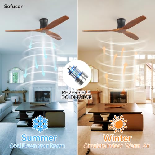 Sofucor 132cm Ventilador de Techo con Mando a Distancia, Madera Maciza Ventilador de Techo sin Luz, Silencioso DC, Temporizador, 3 Temperaturas de Color, 6 Velocidades para Salones
