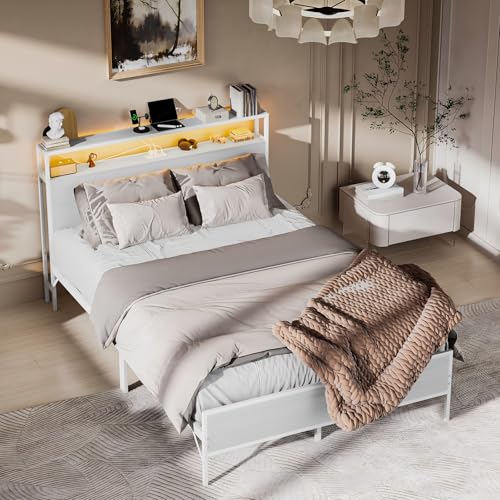 Simple Wisdom Cama Matrimonial 1.4 M con Base y Cabecero de Almacenamiento, 2 Salidas de Carga y 2 Puertos USB y Luces LED (Blanco)